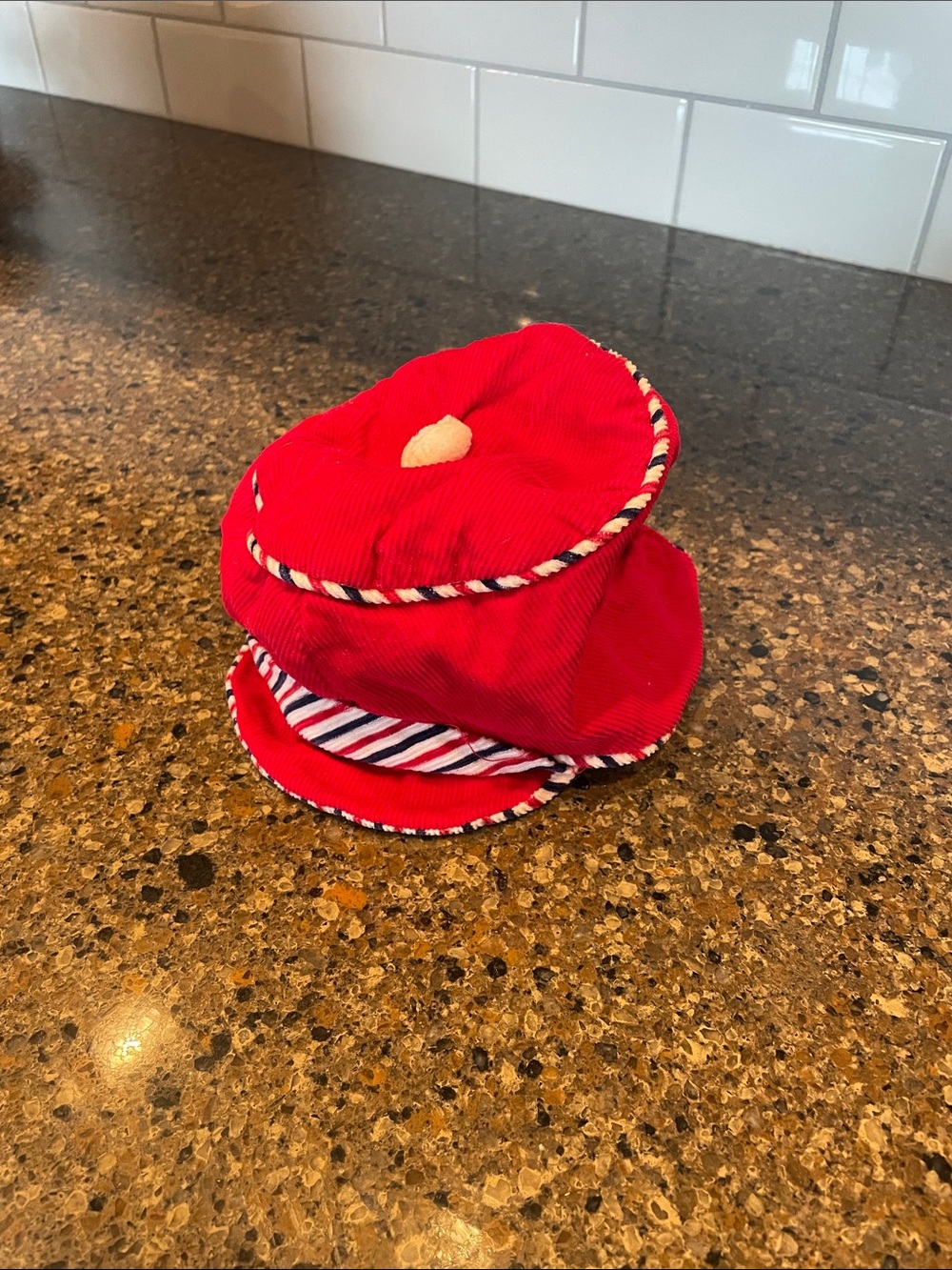 Vintage 1950’s Toddler Red Corduroy Engineer Cap Striped Trim